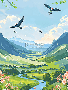 唯美燕子插画图片_夏天唯美风景手绘小溪山川海报素材