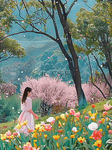 花开女孩插画图片_夏季风景女孩樱花树海报手绘插画