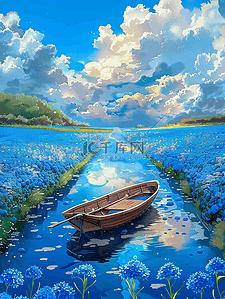 夏天唯美风景海报蓝色花海手绘图片