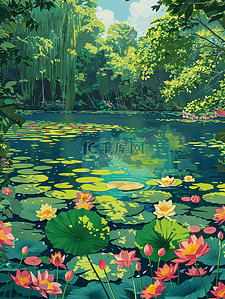 盛开的花插画图片_夏天池塘盛开的花手绘树林插画海报
