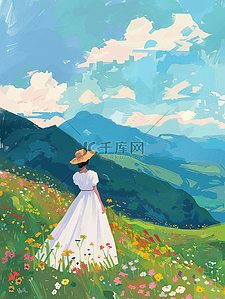 夏季手绘女孩风景山坡插画海报