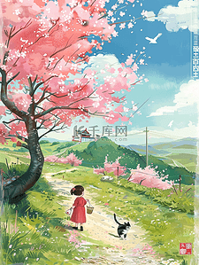 卡通小猫玩耍插画图片_夏季手绘插画唯美樱花树孩子玩耍海报