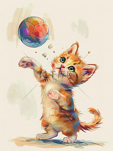 剪刀手可爱插画图片_一个玩球的可爱的小猫图片