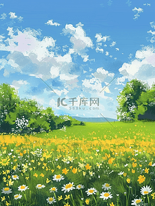 白色风景插画图片_夏季唯美风景花海手绘插画海报