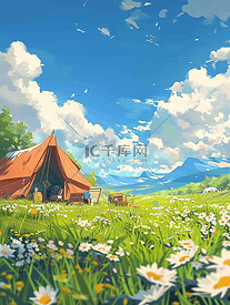 露营帐篷花朵草地手绘海报夏天素材