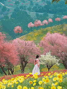 粉色黄色花插画图片_手绘夏季风景女孩樱花树海报插画海报