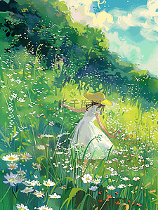 夏天女孩采花绿色草地插画海报手绘