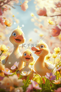三只插画图片_3d手绘夏日鸭子插画鲜花海报