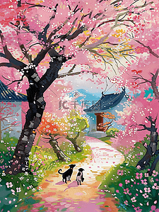 风景夏天唯美樱花树手绘插画海报