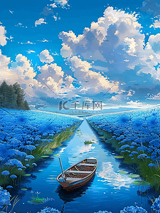 手绘夏天唯美风景蓝色花海海报插画海报