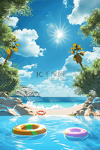 海边游泳夏季手绘插画海报