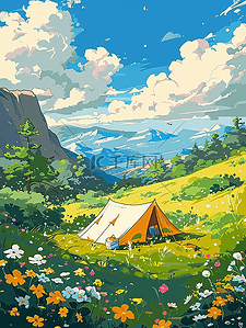 露营夏天帐篷花朵草地手绘海报原创插画