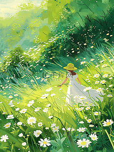 夏天手绘女孩采花绿色草地插画海报
