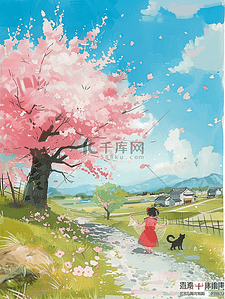 几朵花插画图片_手绘夏季唯美樱花树孩子玩耍插画海报