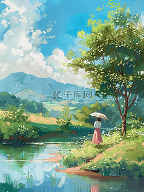 夏天唯美手绘插画水彩海报