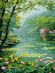 卡通鲜艳花朵插画图片_夏天池塘盛开的花树林手绘插画海报