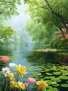 鲜艳的花插画图片_夏天树林池塘盛开的花手绘插画海报