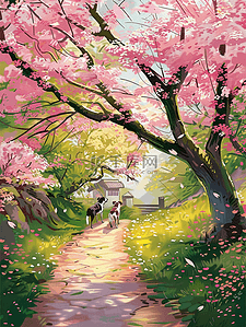 粉色的樱花树插画图片_夏天插画唯美风景樱花树手绘海报
