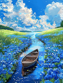 夏天唯美蓝色风景花海手绘海报插图
