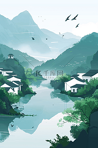 水墨风山水海报手绘插画