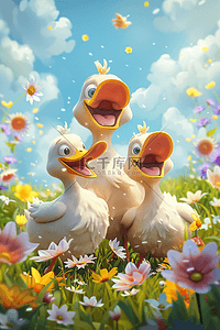 迪士尼饼饼插画图片_3d手绘海报夏日鸭子鲜花插画
