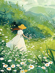 白花花的雪插画图片_女孩采花绿色夏天草地手绘插画海报