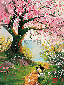 唯美风景樱花树手绘插画海报夏天