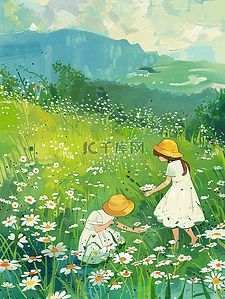 黄色的花卡通插画图片_夏天女孩采花插画绿色草地手绘海报