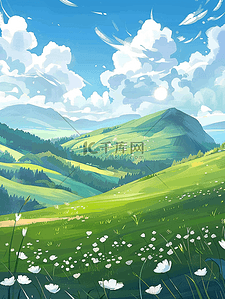 小花插画图片_夏季山坡草地小花海报手绘插画