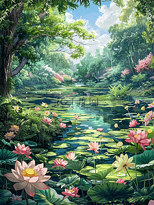 卡通鲜艳花朵插画图片_夏天池塘盛开的花树林手绘插画海报