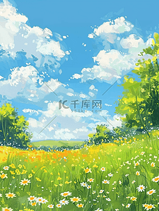 草坪小花夏天手绘插画海报