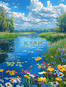 小花花卡通插画图片_手绘夏季风景盛开的花树木海报素材