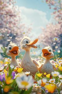 迪士尼饼饼插画图片_3d手绘插画夏日鸭子鲜花海报