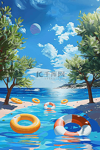 夏天沙滩海报插画图片_夏季海报海边游泳手绘插画