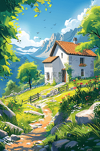 夏日山坡树木手绘小屋插画海报