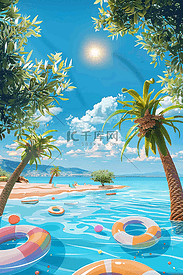 夏季海边插画游泳手绘海报