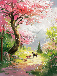 夏天唯美风景樱花树插画海报手绘