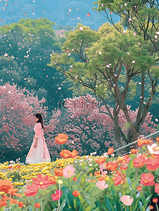 粉色红色插画图片_夏季风景女孩樱花树手绘海报图片