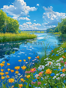 风景盛开的花树木手绘夏季海报插画图片