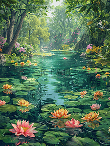 池塘盛开的花树林手绘插画夏天海报