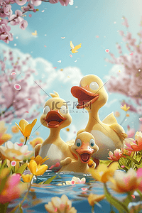 鸭子cg插画图片_手绘夏日鸭子3d鲜花插画海报