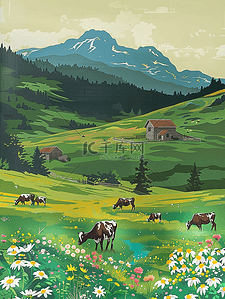 夏天山坡手绘动物油画海报插画设计