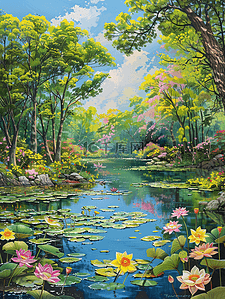 卡通鲜艳花朵插画图片_池塘盛开的花树林手绘插画海报夏天