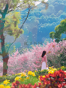 夏季风景女孩海报樱花树手绘插图