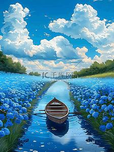 小花朵蓝色插画图片_夏天风景唯美蓝色花海手绘海报插画素材