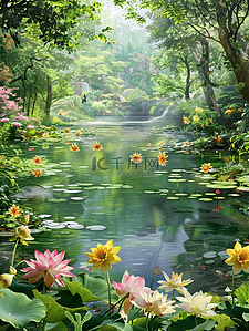 鲜艳的花插画图片_池塘夏天盛开的花树林手绘插画海报
