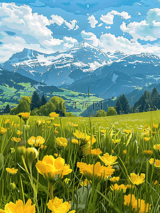 风景和插画图片_夏季风景山坡盛开花朵油画海报插画海报