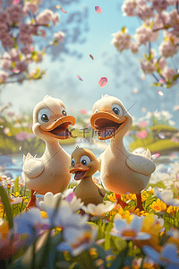 迪士尼饼饼插画图片_手绘夏日鸭子鲜花3d插画海报