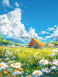 夏天露营帐篷花朵草地海报手绘图片