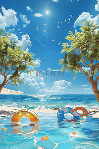 插画夏季海边游泳手绘海报